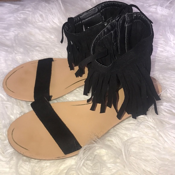 flat fringe ankle wrap sandals - Picture 2 of 4